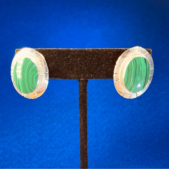 Substantial Malachite and Sterling Silver Earrings. FREE Shipping - Picture 3 of 4